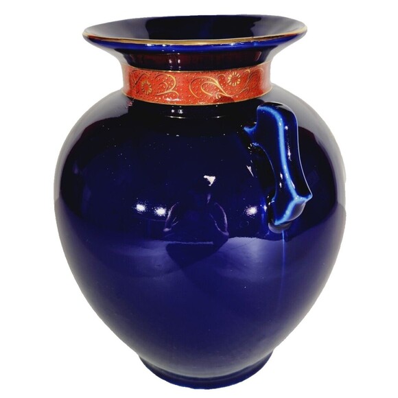 Vase Japanese Cobalt Blue 8.5" Handles Vintage Vtg Porcelain Peacock Bird Nature - Picture 3 of 14